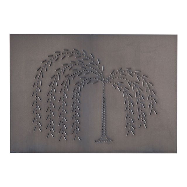 A pierced metal panel featuring a horizontal willow design in a kettle black finish.