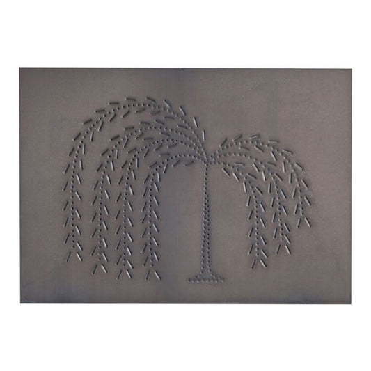 A pierced metal panel featuring a horizontal willow design in a kettle black finish.