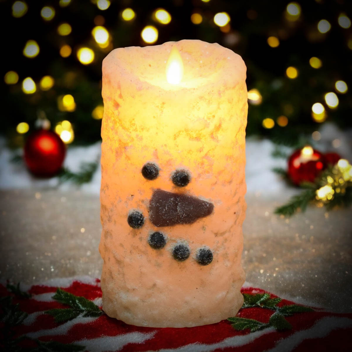 Snowman Moving Flame Battery Pillar-3×6