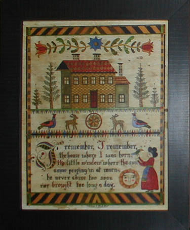 Framed print of a fraktur reproduction featuring a house and a message about remembrance