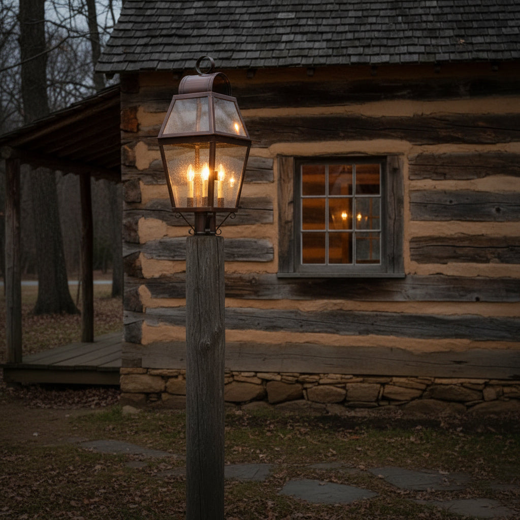 An antique copper outdoor post light with a solid copper structure and glass panels, featuring three light bulbs inside, mounted on a post in front of log cabin home.