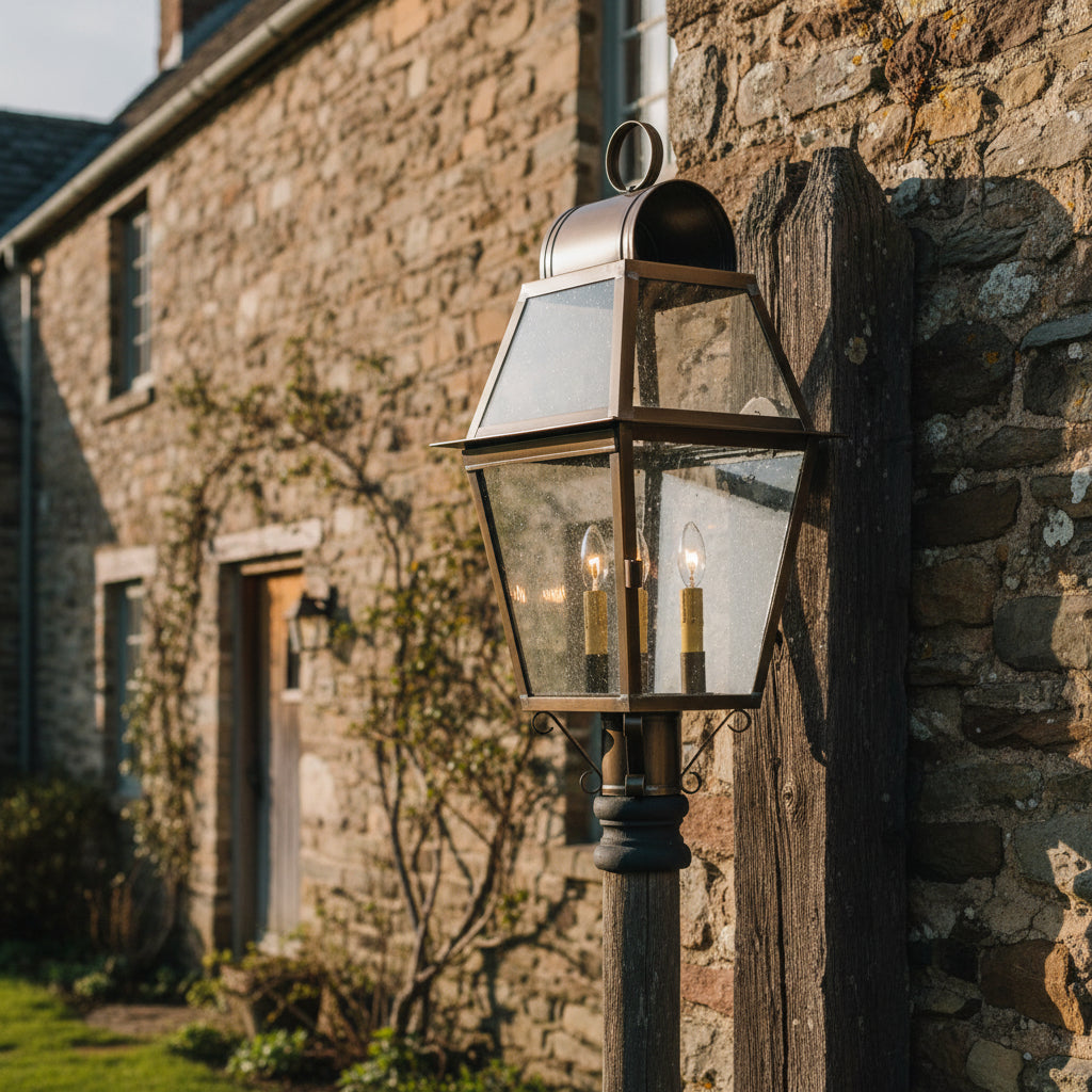 A solid weathered brass outdoor post light with three lights, historic glass, and a blackened solder finish mounted on post in front of stone farmhouse.