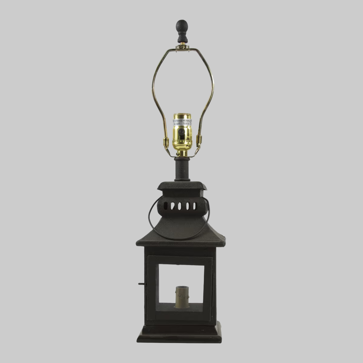 A black iron lantern lamp with a glass shade and a red night light inside, featuring a 3-way switch.