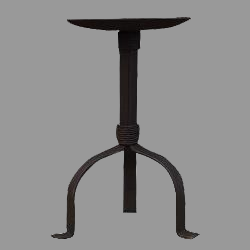 A black iron pillar holder with three legs and a round candle dish on top.