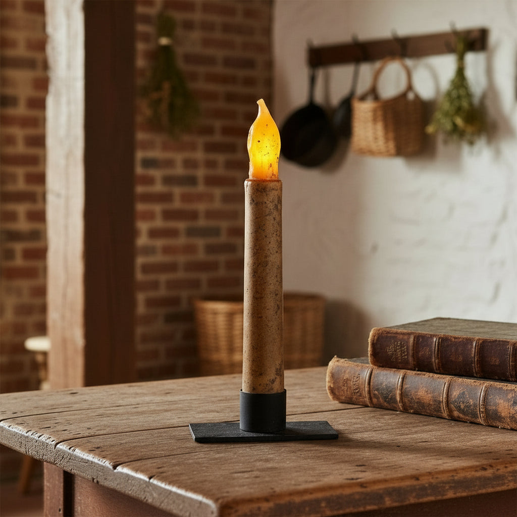 Iron rectangle candle holder holding battery operated ivory taper with greenery in the background