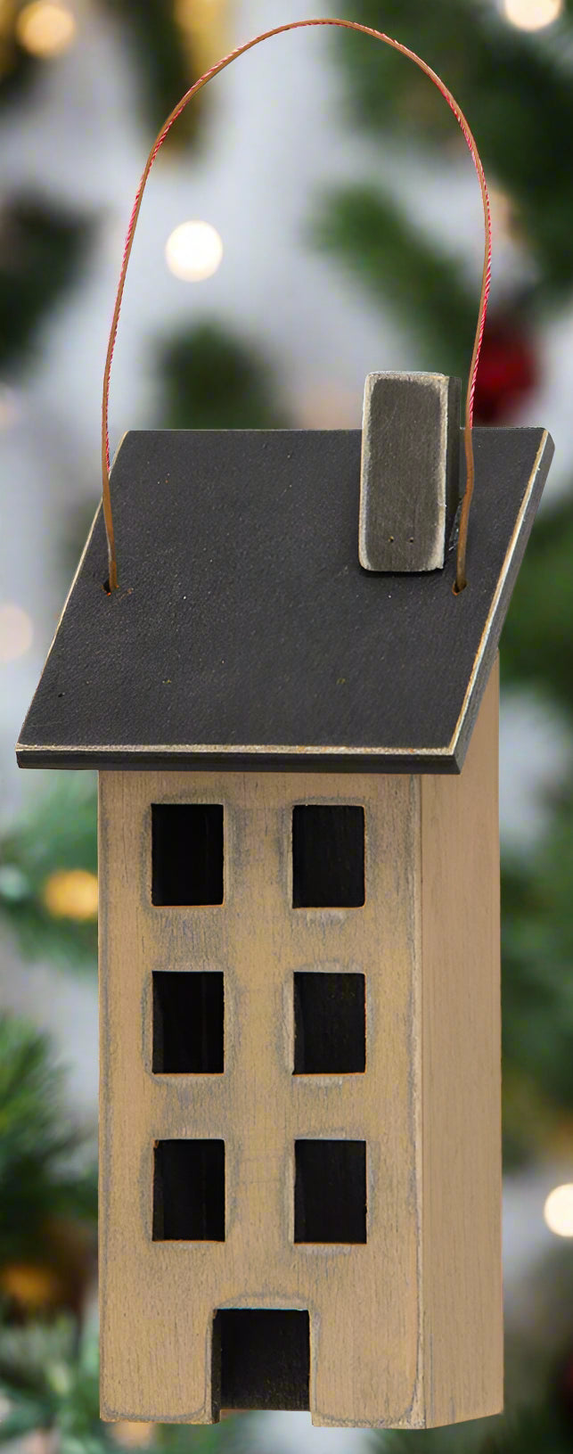Ivory saltbox house ornament with hanger on white background