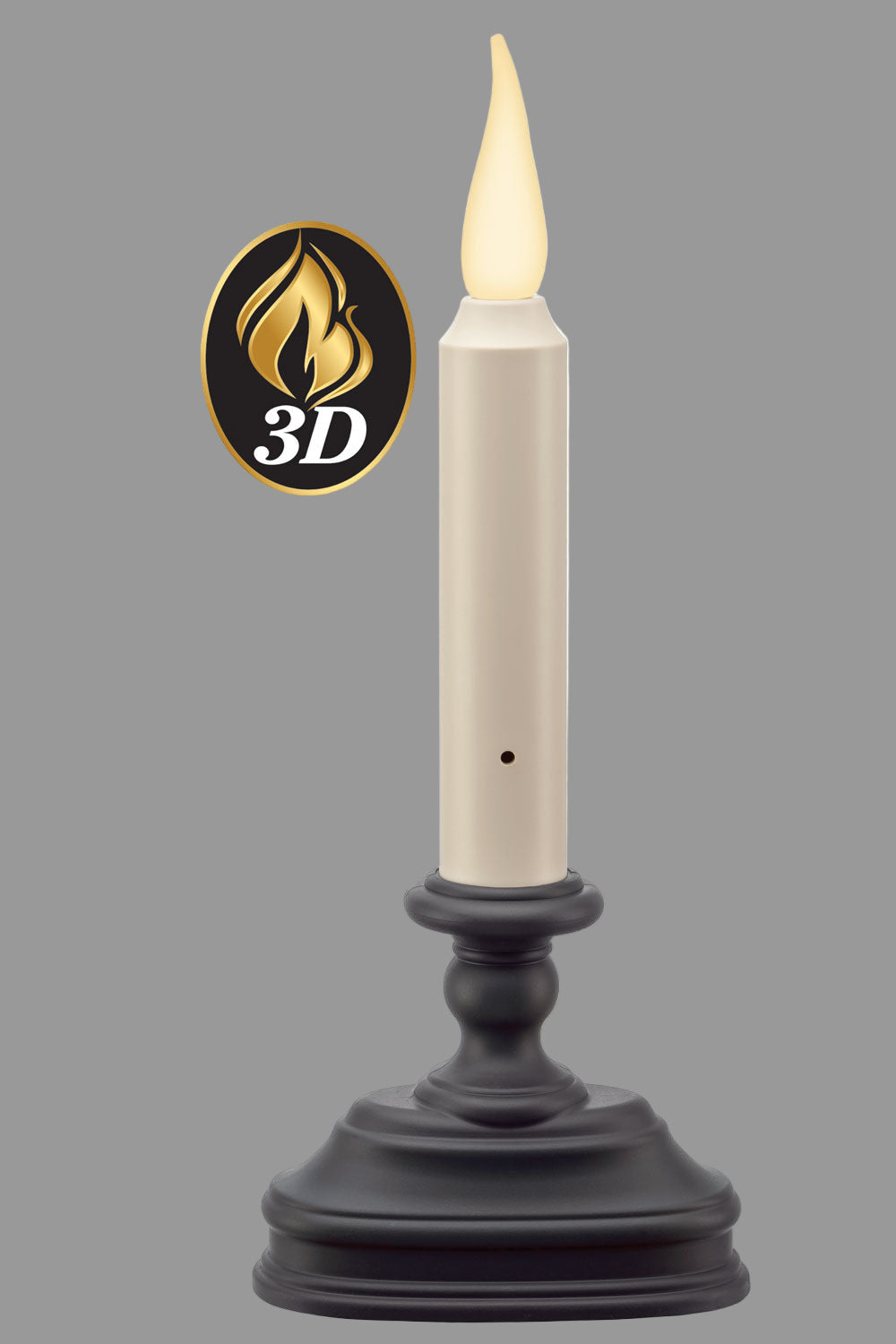 Battery operated window candle with a 3D flame effect, warm white color, and a black base.