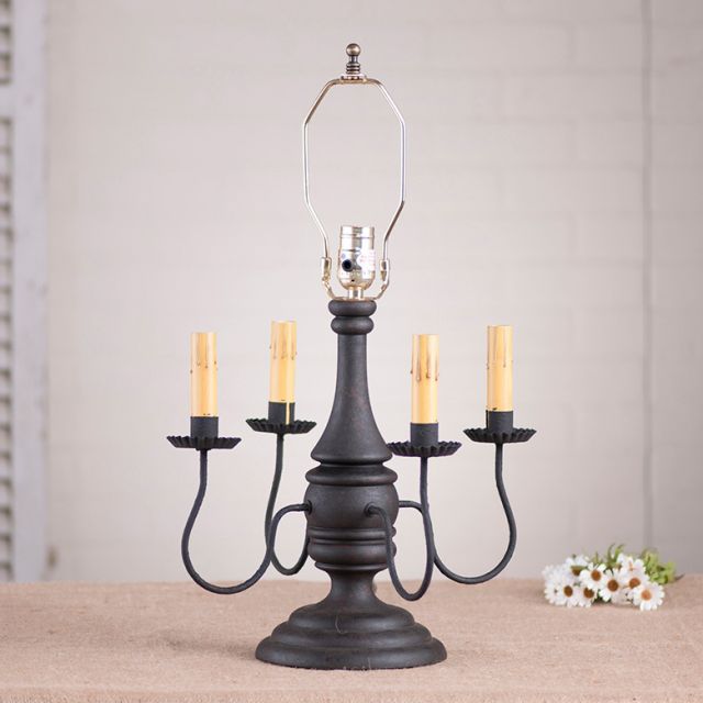 Jamestown wood table lamp base in black over red primitive finish