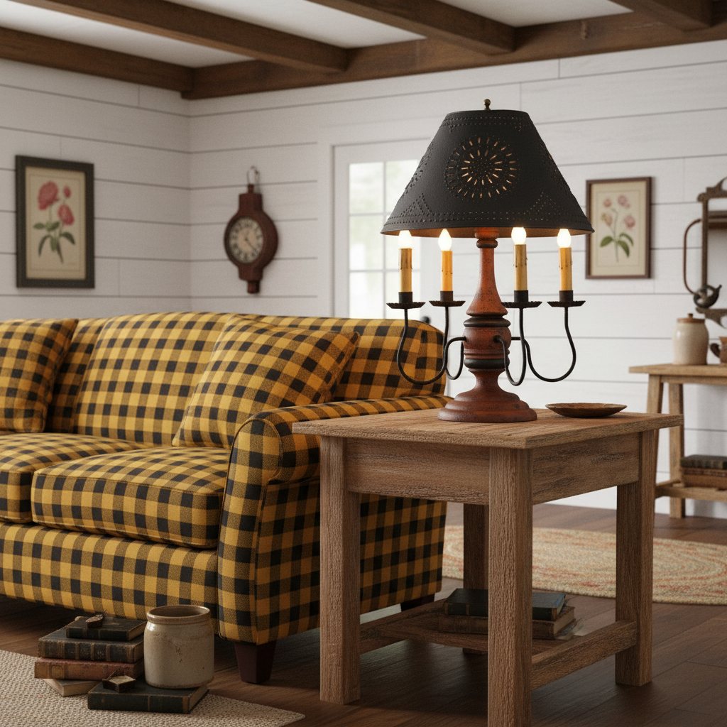 Living room with checkered sofa, wooden table, and decorative lamp.