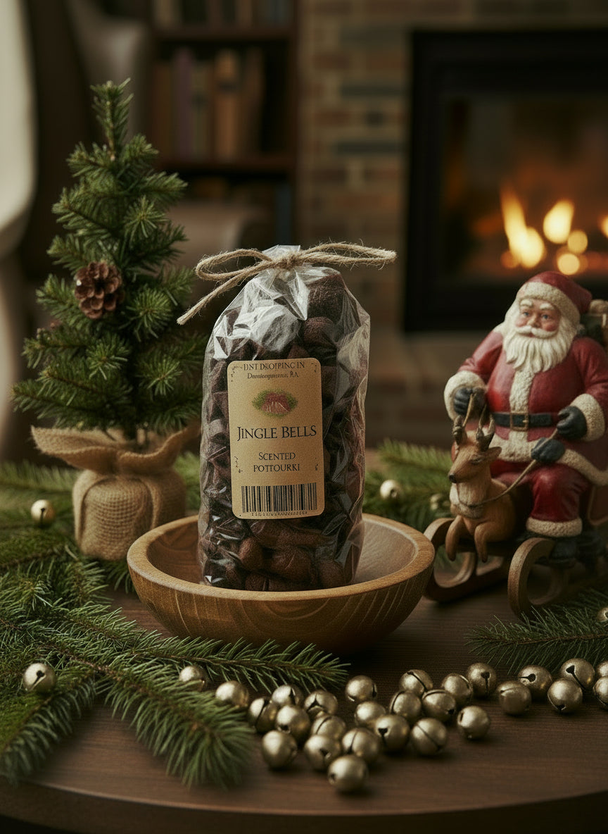 Bag of 'Jingle Bells' potpourri on a wooden surface with Christmas decorations and a fireplace in the background.