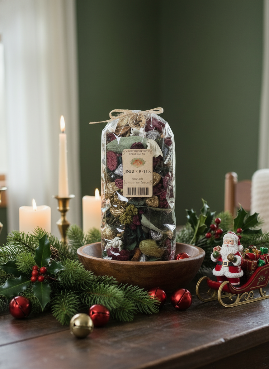 Bag of potpourri labeled 'Jingle Bells' on a table with Christmas decorations.