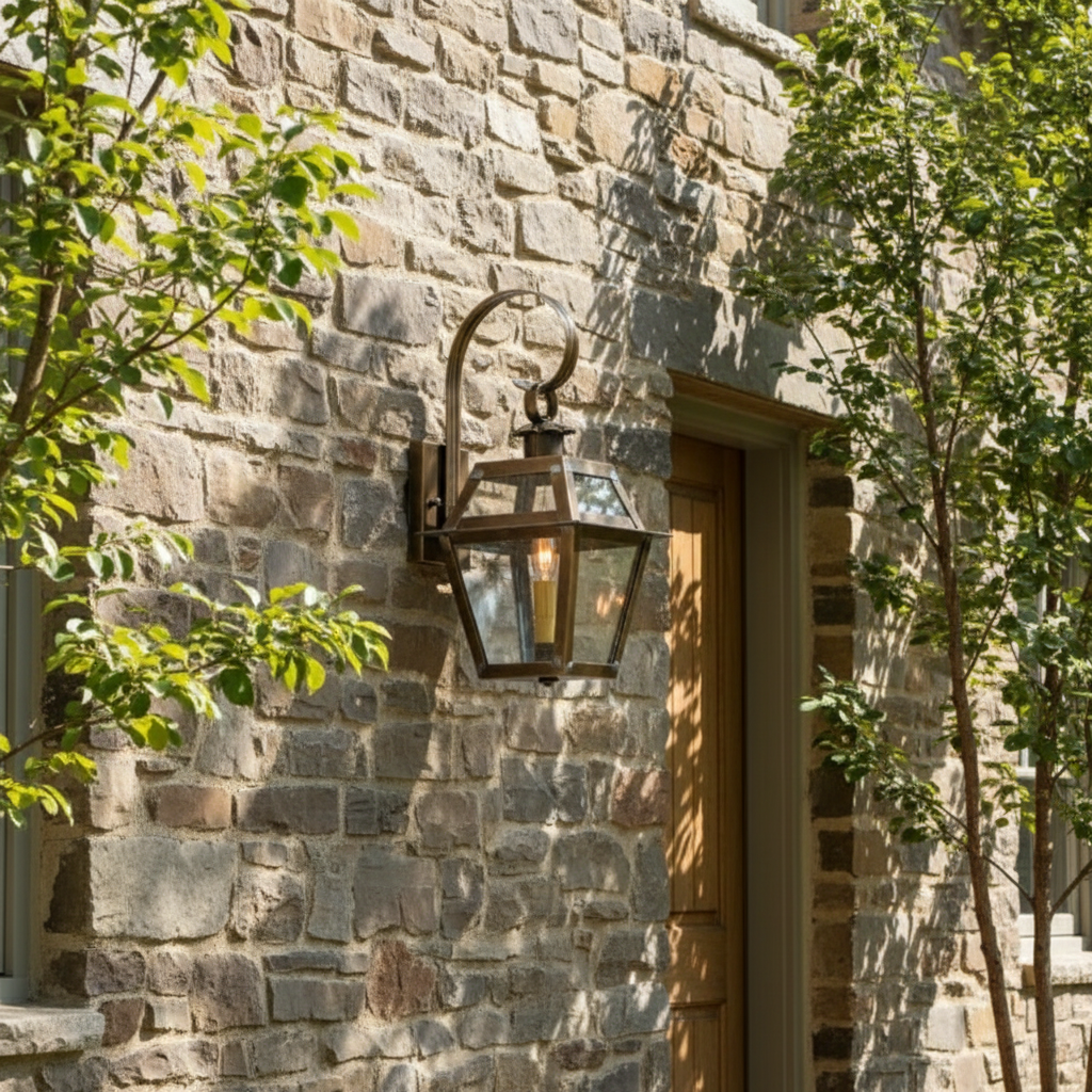 Decorative outdoor light fixture on a stone wall with trees in the background