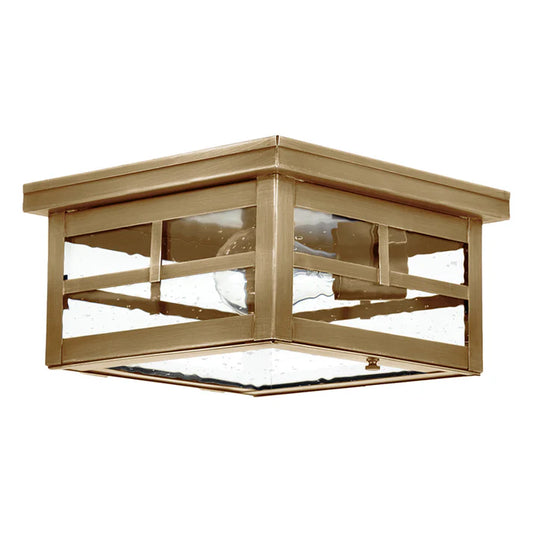Bronze outdoor ceiling light fixture with glass panels on a gray background
