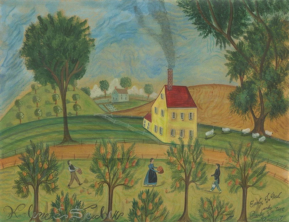 A vinyl floor cloth with a printed artwork depicting a landscape with a yellow house, green trees, and blue sky.
