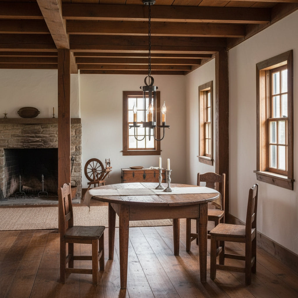 Black metal chandelier with three candle-style light fixtures against a white brick wall.