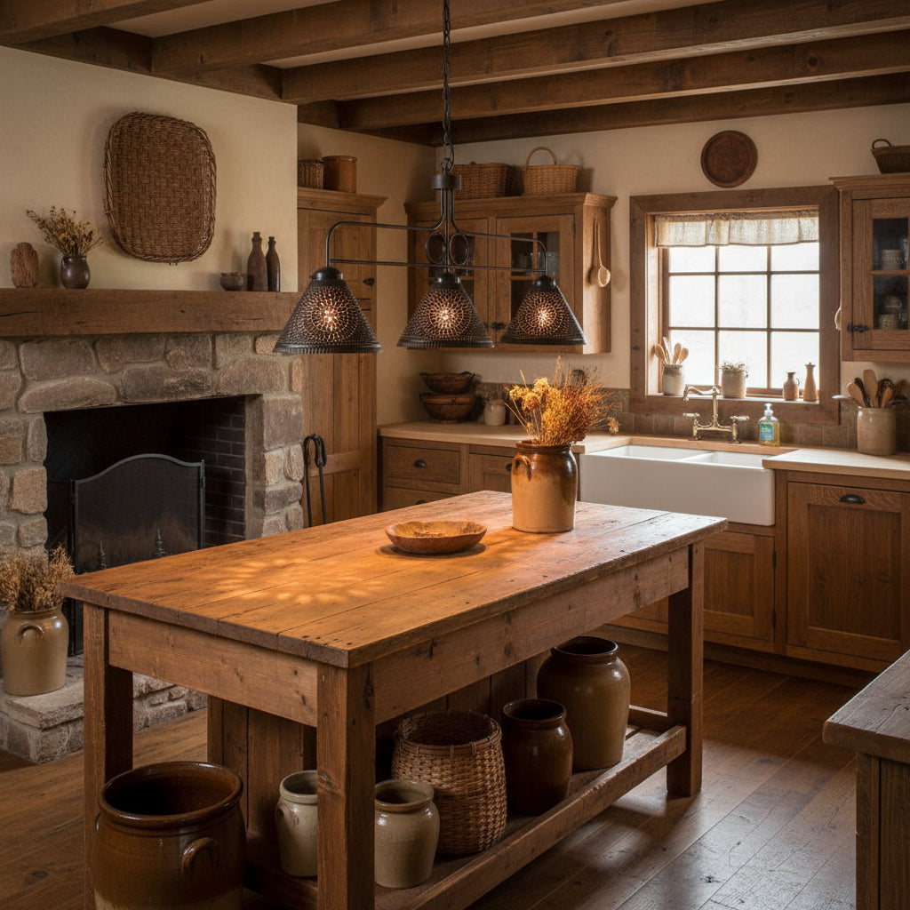 Black chandelier with three textured lampshades against a white brick wall.