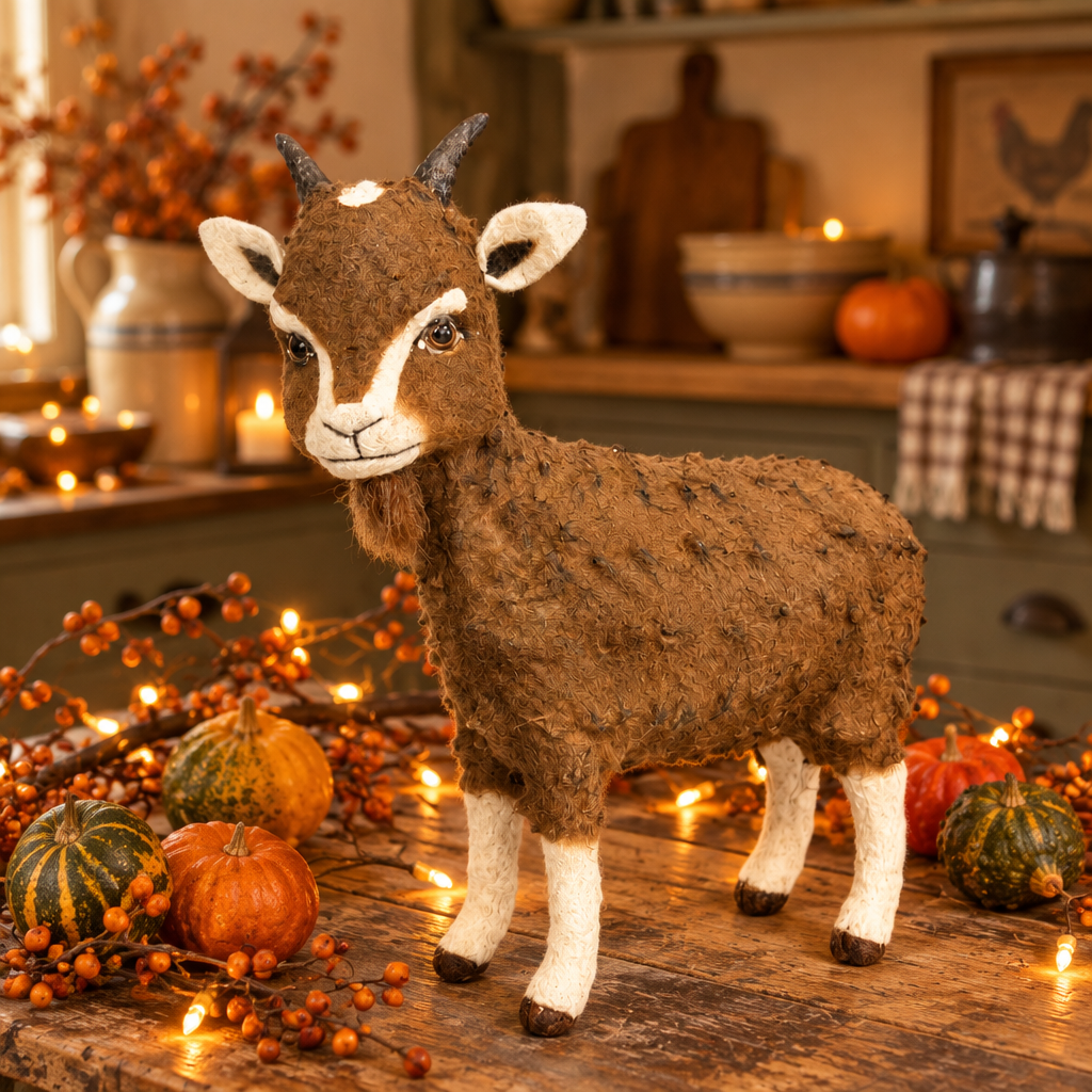 Papier mache goat on a table with miniature gourds, bittersweet, and rice lights in a primitive kitchen.