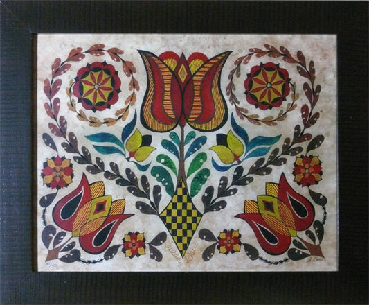 Framed print of a fraktur with tulips and pinwheels