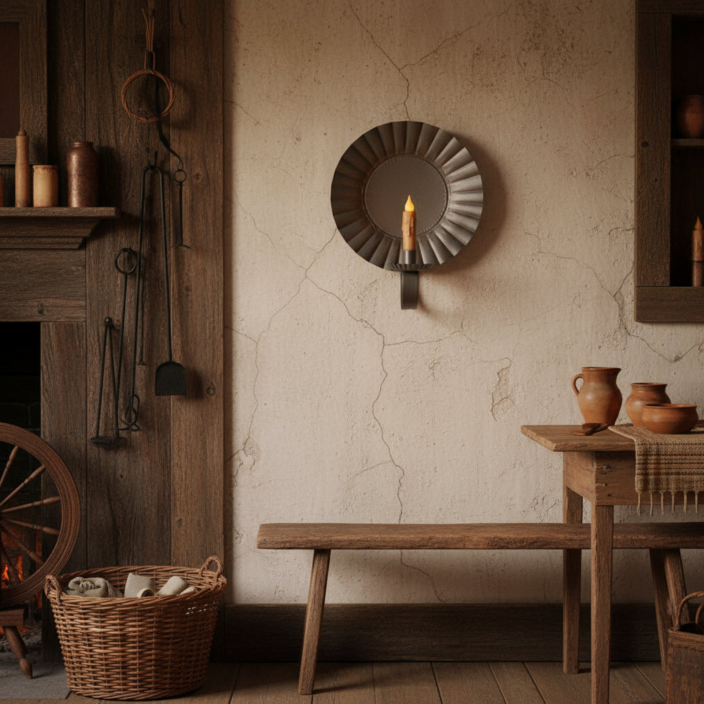 A smokey black large round candle sconce with a crimped edge bevel design, mounted on a wooden wall, with a candle in the center.