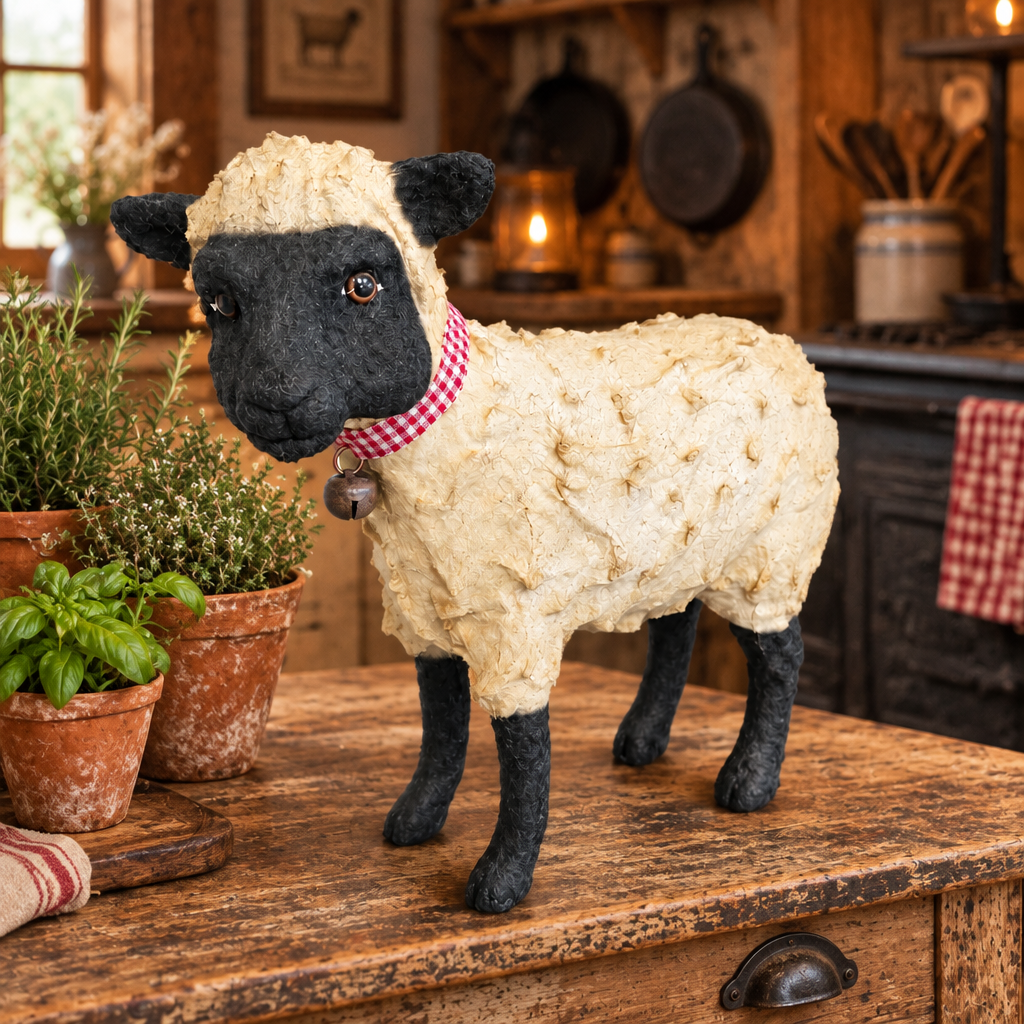 A decorative sheep figurine with textured cream wool, a black face and legs, and a red-and-white gingham collar stands on a rustic wooden table in a warm, cozy kitchen setting.