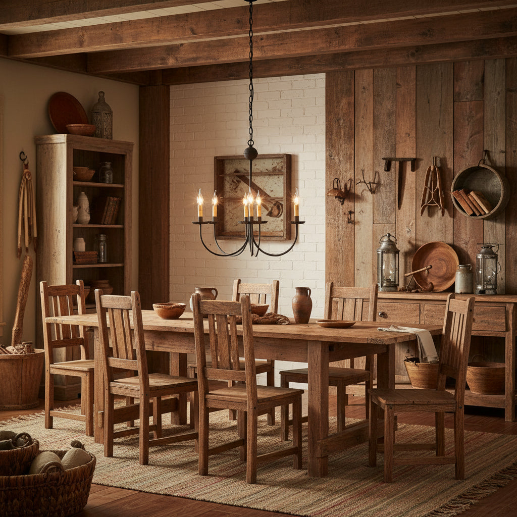 A textured black chandelier with five hanging arms and multiple candle-like light fixtures on each arm, suspended over a primitive table in home setting.
