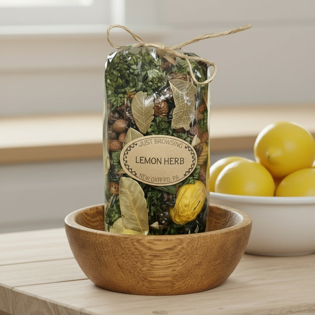 Bag of potpourri next to a bowl of lemons.