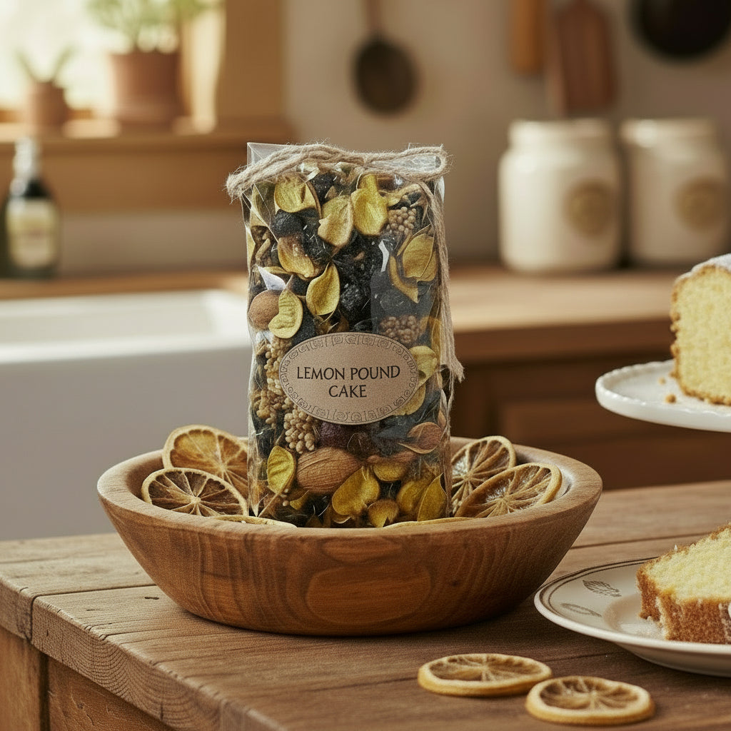 Bag of potpourri in wood bowl in a kitchen setting with a plate of cake.
