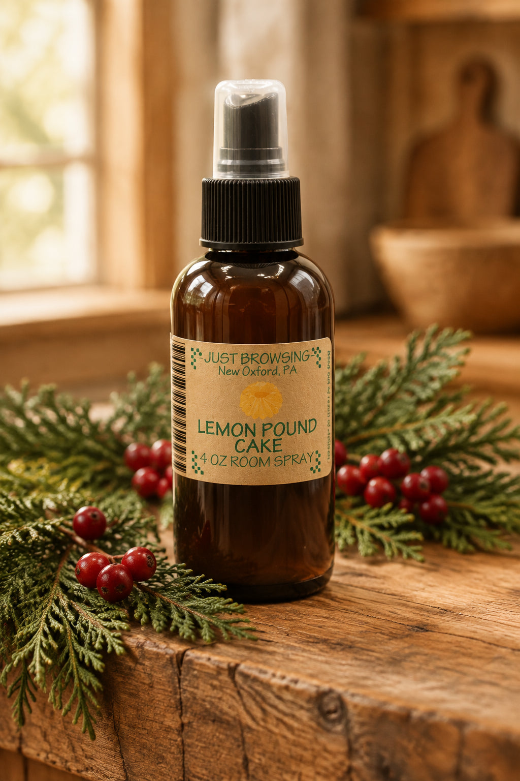 Brown spray bottle labeled 'Lemon Pound Cake' on a gray background surrounded by lemons