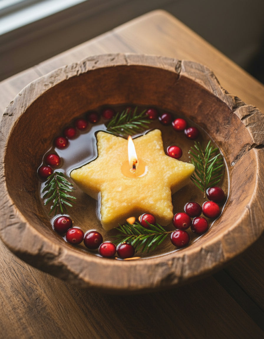 Star shaped lemon shortbread floating candle in a wooden bowl with cranberries and greens.