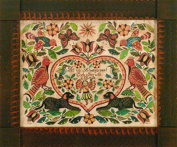 Framed fraktur reproduction print of a heart surrounded by animals and flowers