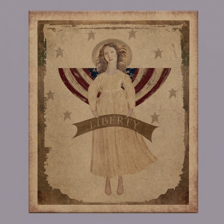 Vintage-style poster with a woman holding a banner labeled 'Liberty' against a starry background.