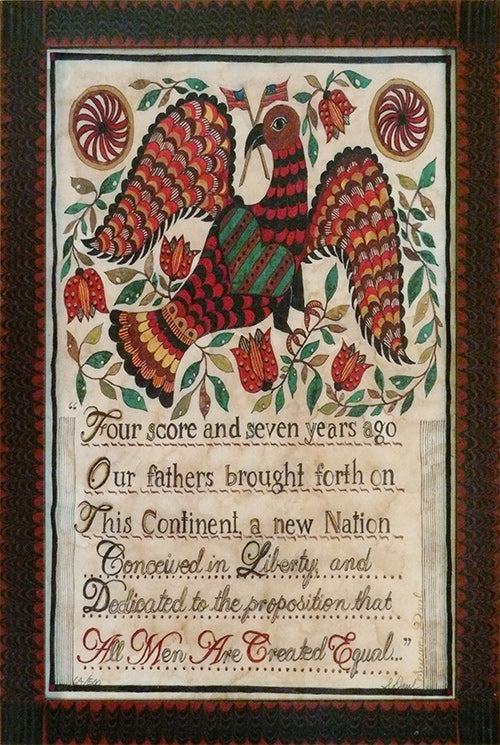 A limited edition fraktur print featuring an illustration of an eagle with a patriotic-themed background and text that commemorates Abraham Lincoln and the Civil War.