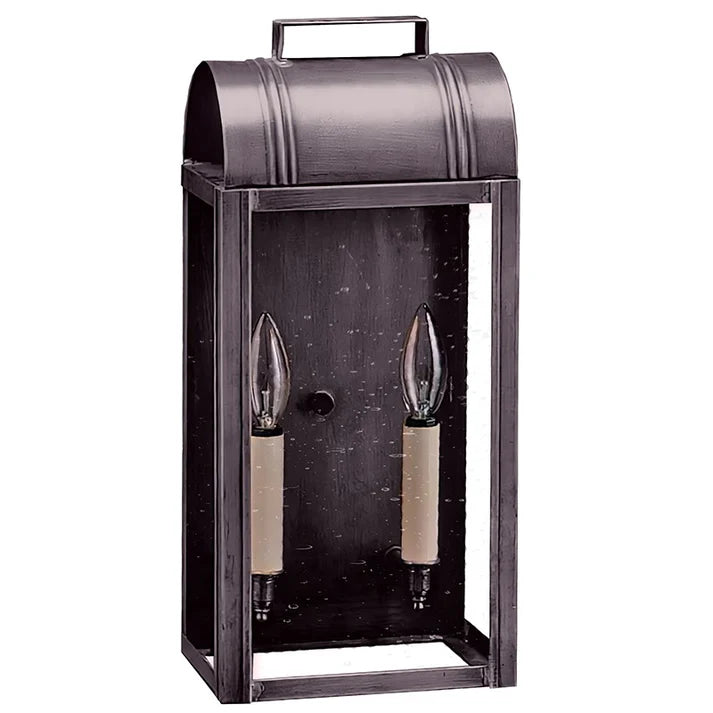 Decorative lantern with two candle-like lights on a gray background