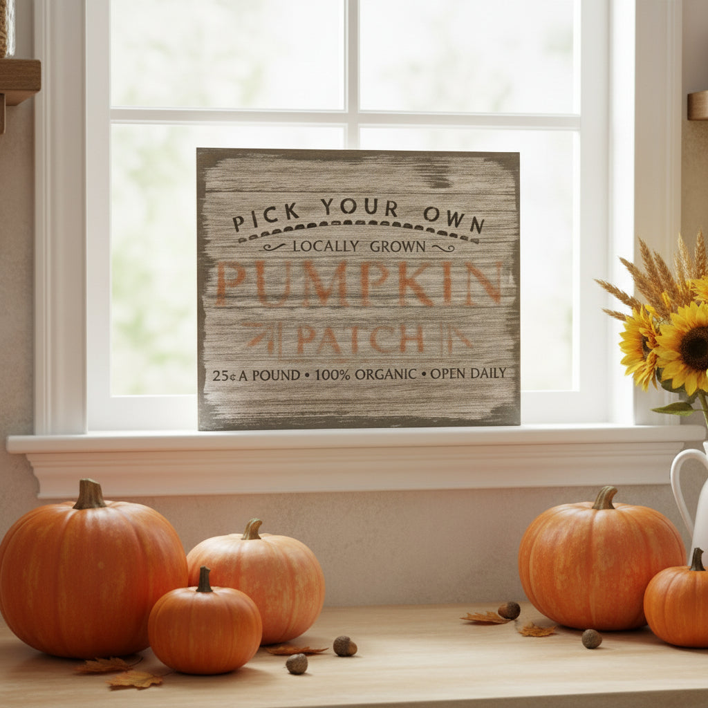 Wooden box with 'Pick Your Own Pumpkin Patch' sign surrounded by autumnal decorations.