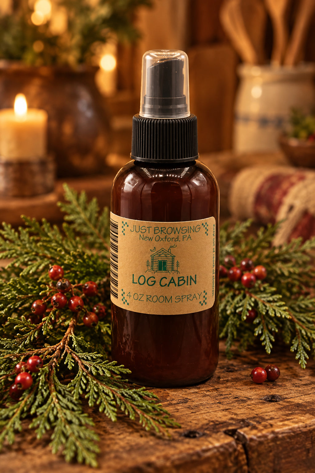 Bottle of 'Log Cabin' room spray with a label on a wooden surface.