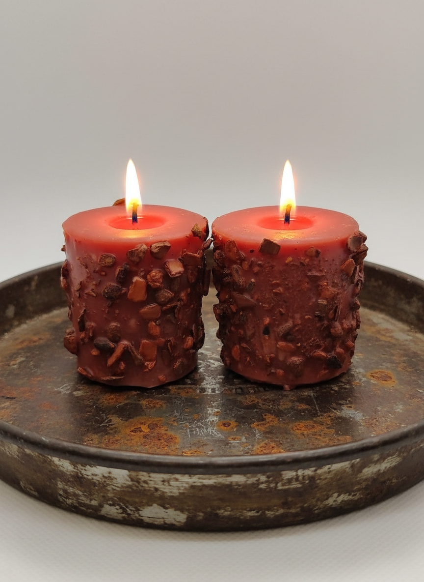 Two red candles with a textured surface on a rustic metal tray against a light gray background.