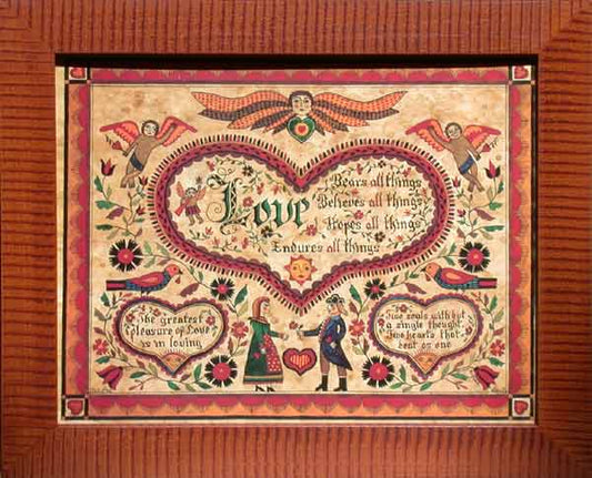 A signed and numbered limited edition fraktur print featuring a heart-shaped design with floral patterns, angels, and text in a traditional, ornate style.