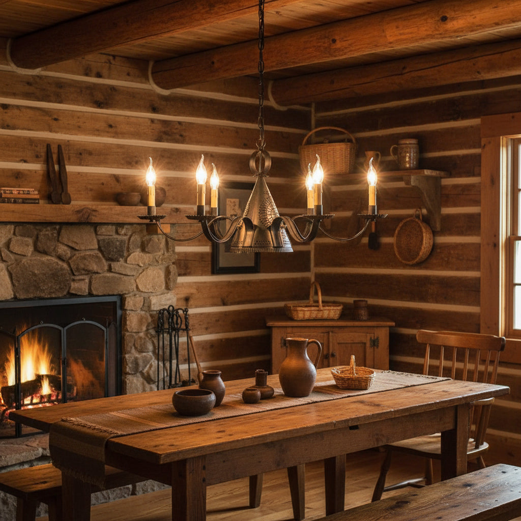 Black chandelier with six candles hanging in a log cabin home over a table with fireplace burning.