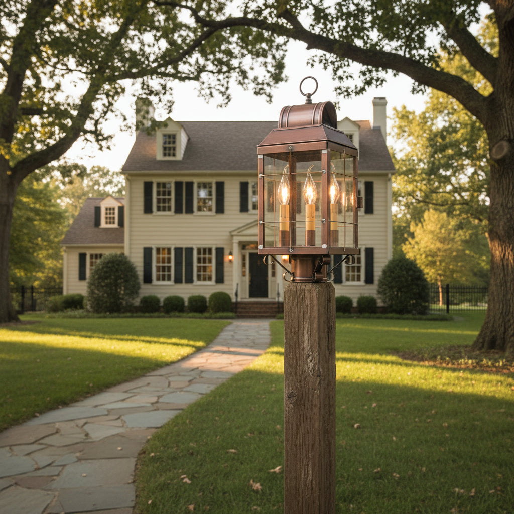 Antique copper post lantern with clear glass and three internal light bulbs on post in front of salt box style home.