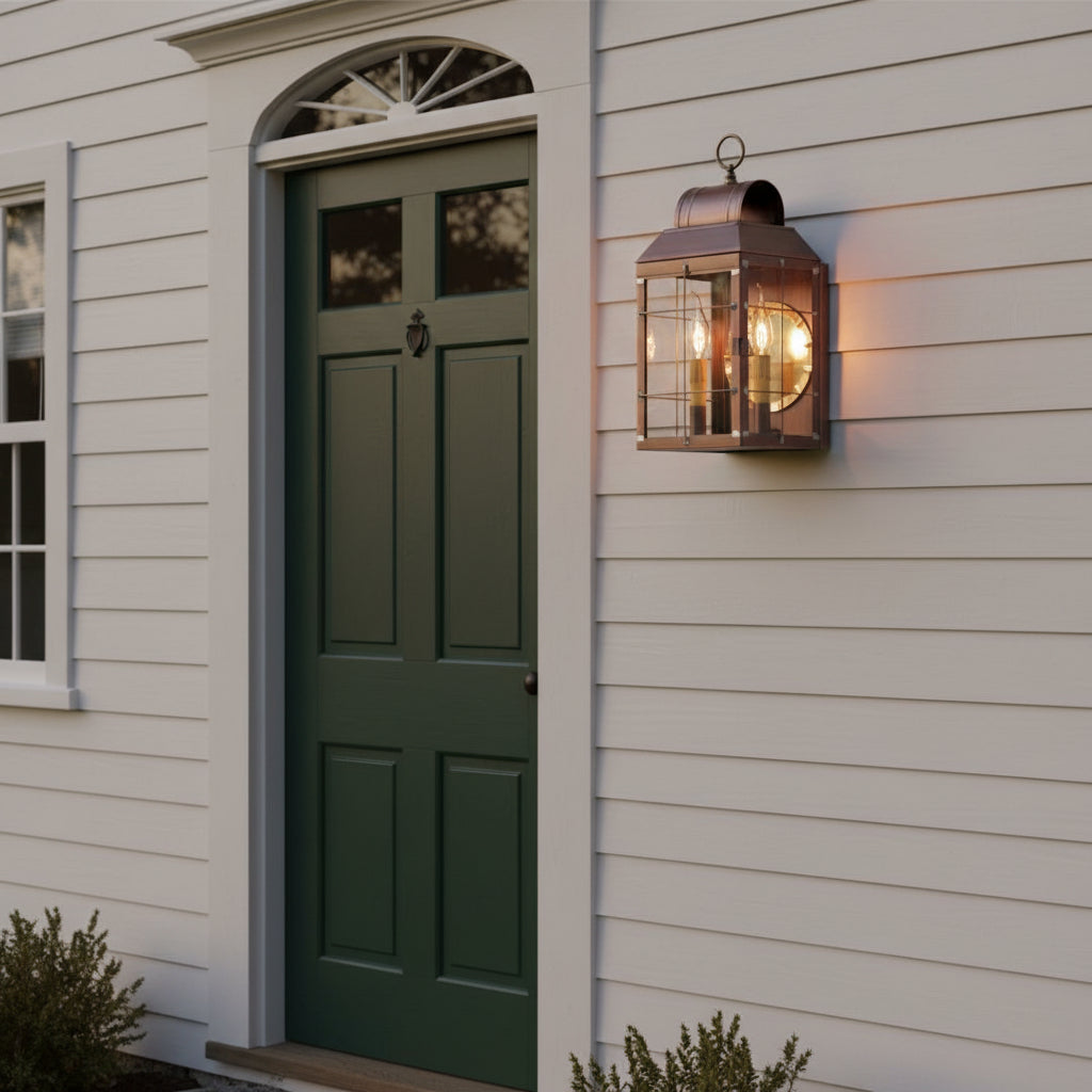 Antique copper wall lantern with clear glass and three internal light bulbs, directly wired with sockets, mounted on a colonial home.