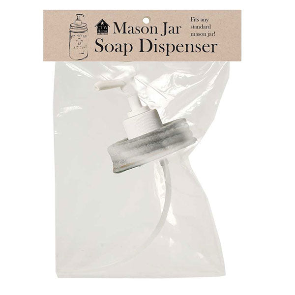A clear plastic packaging containing a mason jar soap dispenser lid with a galvanized metal design, and a white spout.
