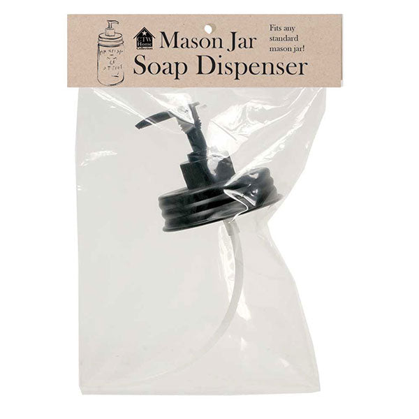 A black soap dispenser lid designed for mason jars, with packaging indicating it fits standard mason jars.