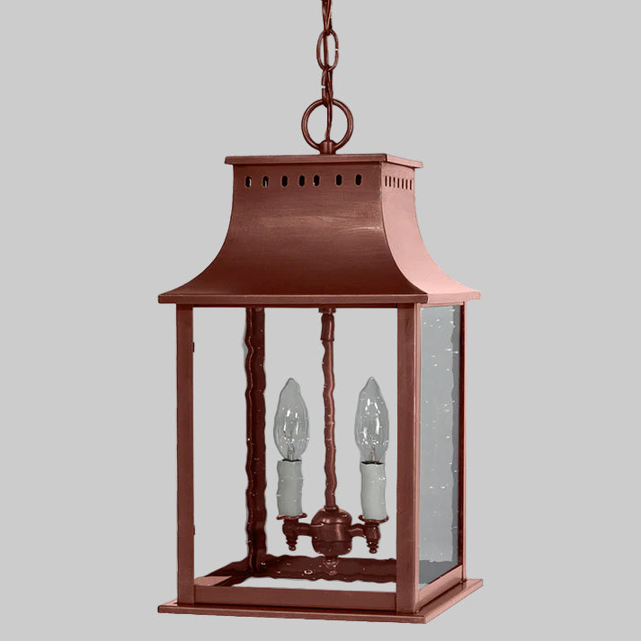 Bronze hanging lantern with two light bulbs on a white background