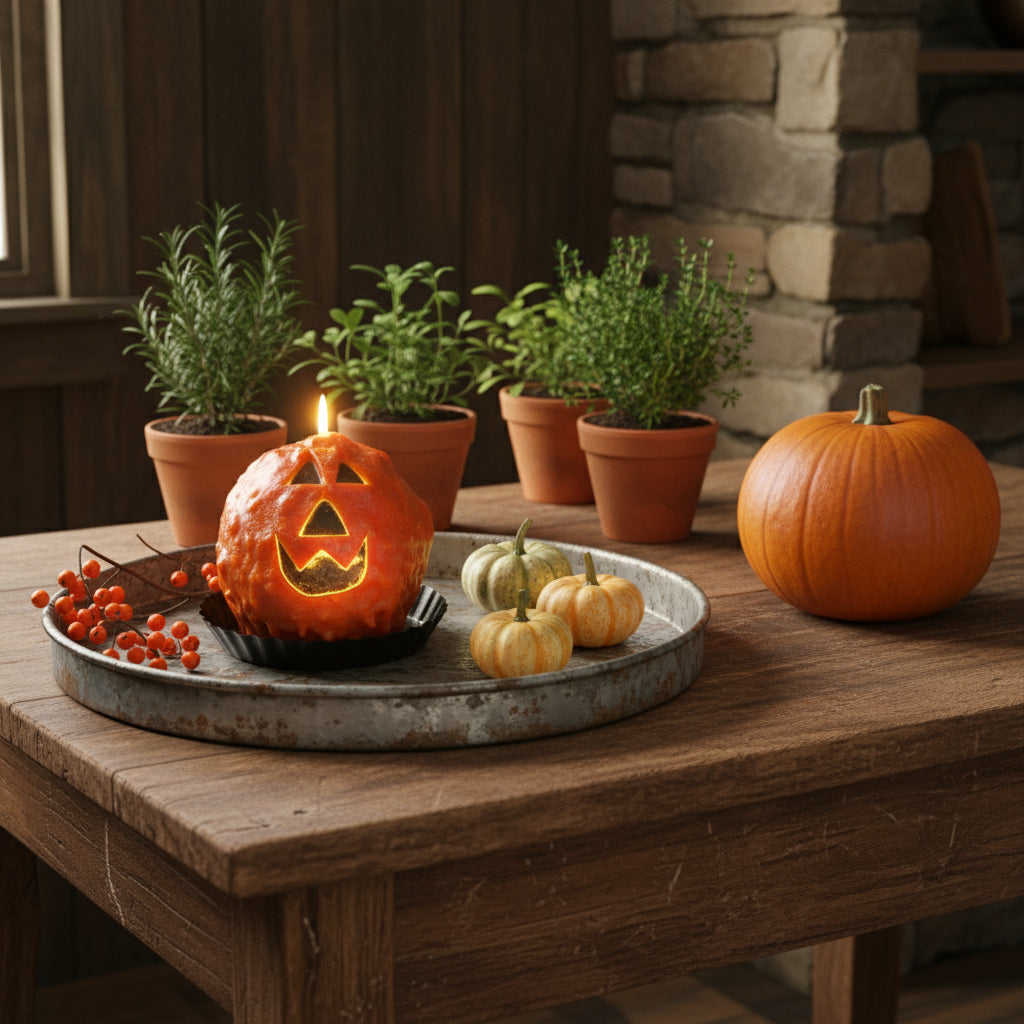 Pumpkin-shaped cake with jack-o'-lantern face on a wooden table with small pumpkins around