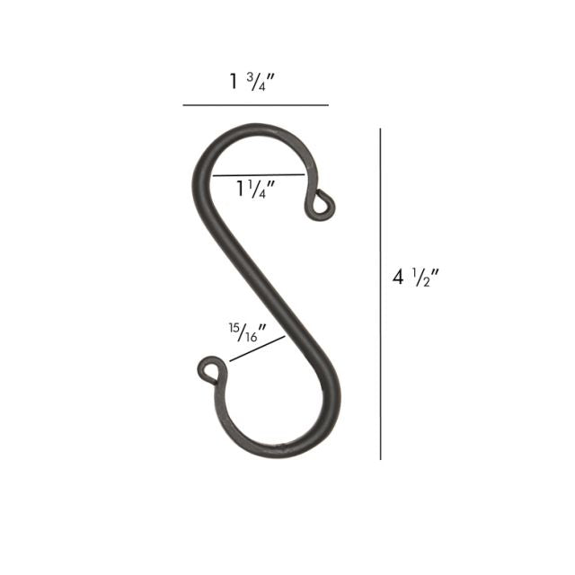 Wrought iron hook in the shape of an S with its' measurements.