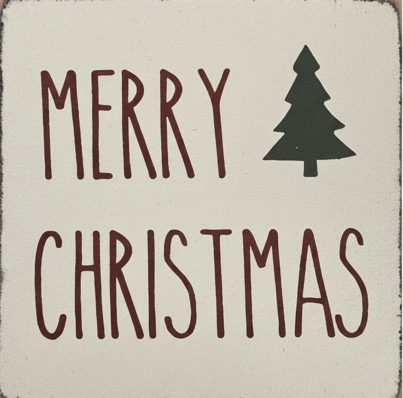 Square wooden sign with 'Merry Christmas' text and tree symbol on a textured white background