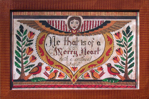 A decorative artwork featuring a large angel in the center with a heart-shaped outline, surrounded by a colorful border with birds and floral elements.