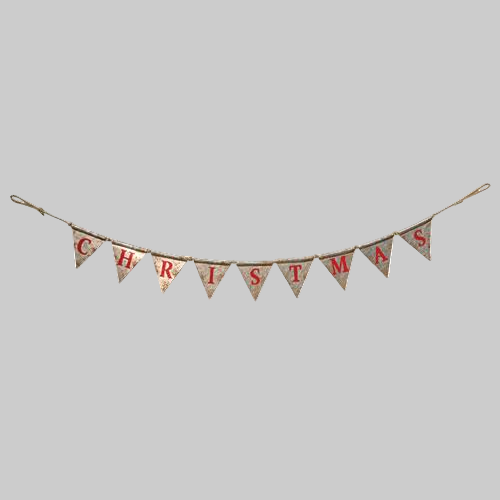 A metal Christmas garland with metal pennants spelling out 'Christmas', with rope hangers on each end.