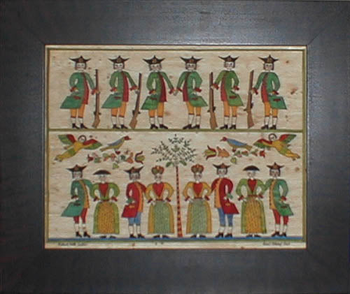 A signed and numbered limited edition fraktur print featuring a historical military wedding scene with figures in colorful attire on a wooden background.