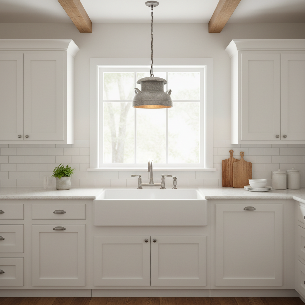 Modern kitchen with white cabinets, a sink, and a window.